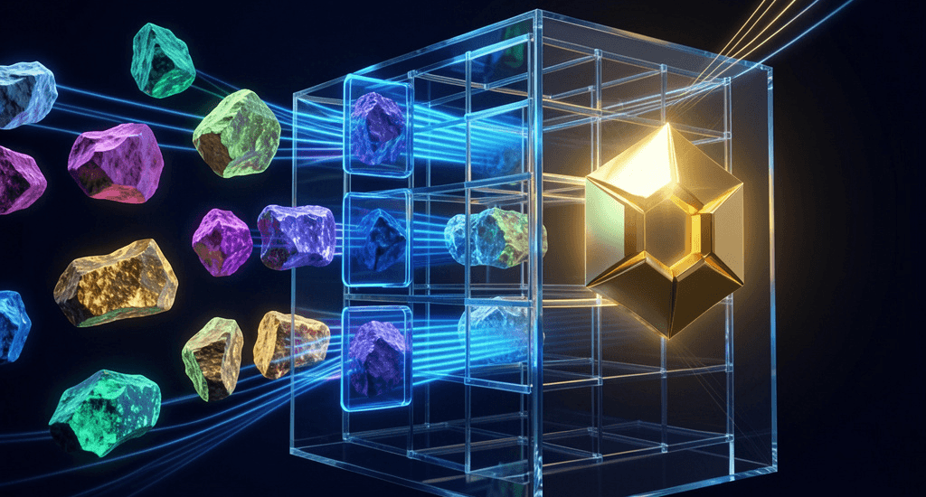A conceptual digital art piece illustrating a systematic Meta ads testing framework for E-commerce, showing raw creative concepts entering a futuristic glass sorting matrix and transforming into a single high-performing golden winner against a dark background, in deep navy and glowing blue and gold colors.