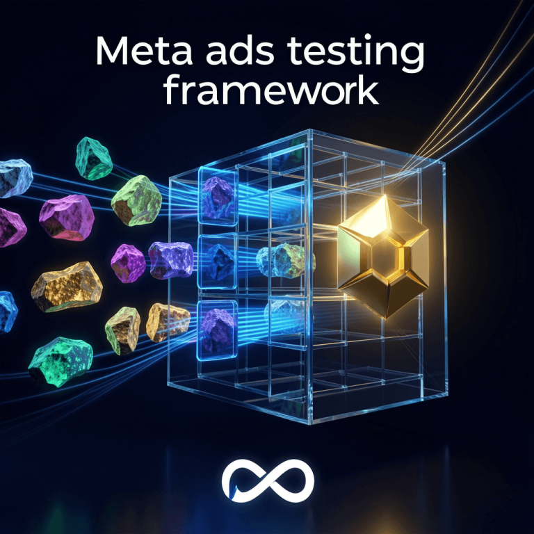 A conceptual digital art piece illustrating a systematic Meta ads testing framework for E-commerce, showing raw creative concepts entering a futuristic glass sorting matrix and transforming into a single high-performing golden winner against a dark background, in deep navy and glowing blue and gold colors.