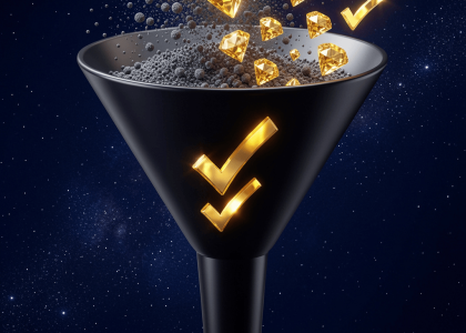A conceptual digital graphic showing a geometric funnel filtering out chaotic red particles and extracting pure golden checkmark icons to illustrate a premium Meta ads lead quality strategy, in navy blue and gold colors.