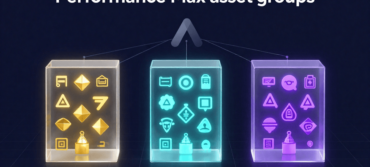 A conceptual digital graphic showing three distinct, color-coded floating glass cubes to illustrate structured Performance Max asset groups feeding cleanly into a Google Ads infrastructure, against a navy background.