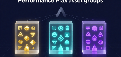 A conceptual digital graphic showing three distinct, color-coded floating glass cubes to illustrate structured Performance Max asset groups feeding cleanly into a Google Ads infrastructure, against a navy background.